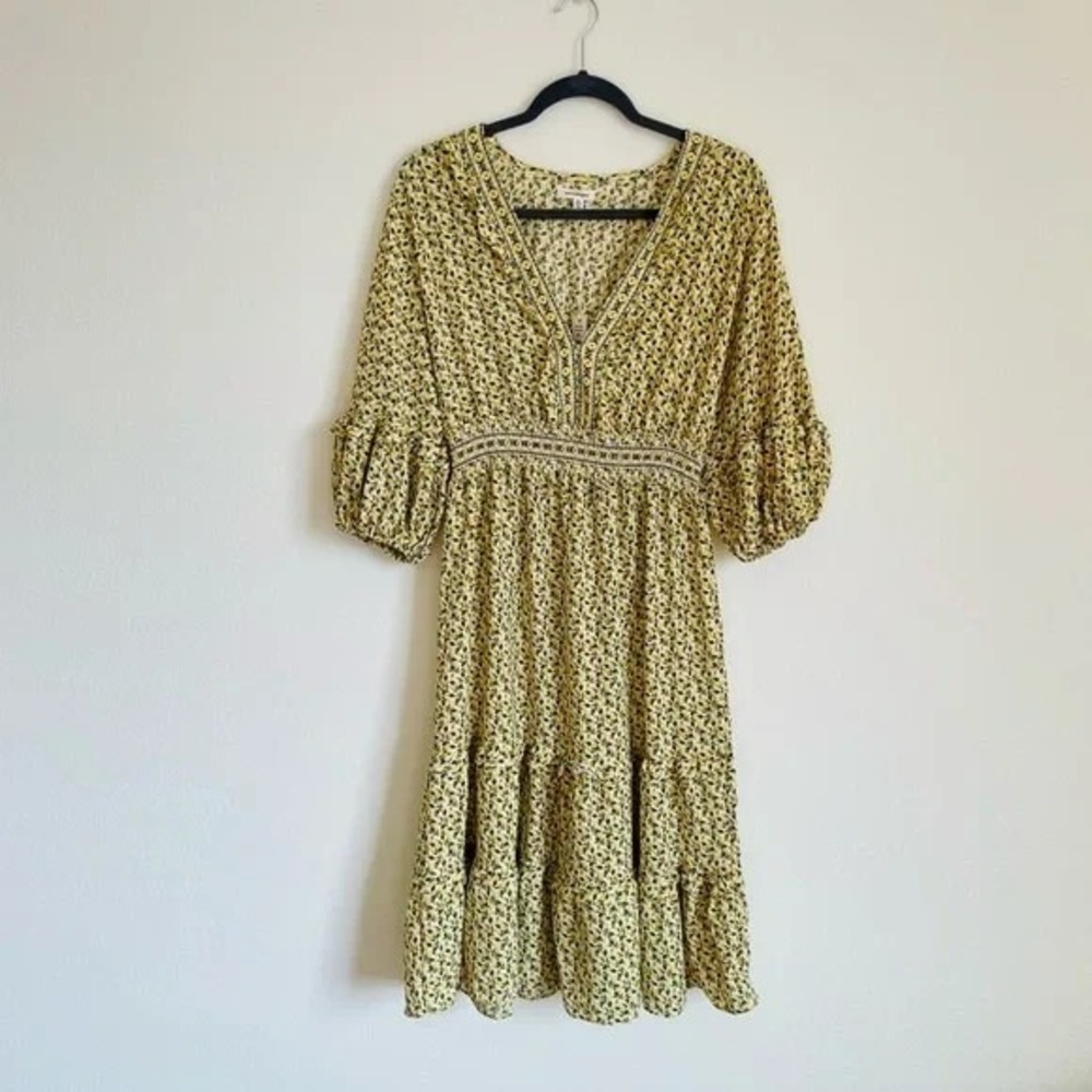 Yellow Floral Smocked‎ Waist Midi Dress I Size XL I Puff Sleeve I Max Studio